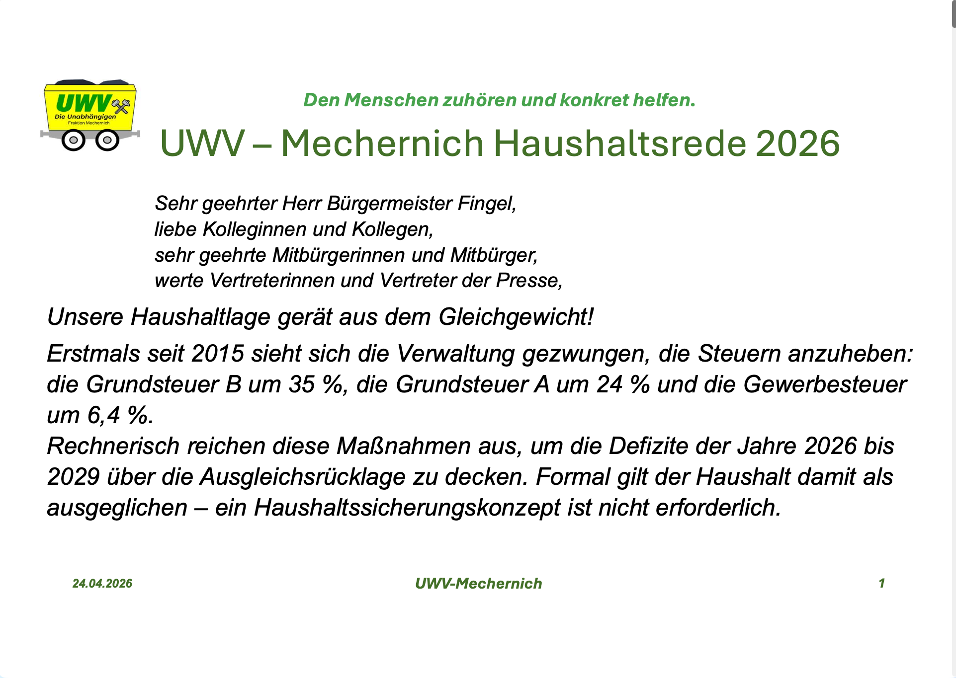 UWV – Mechernich Haushaltsrede 2026